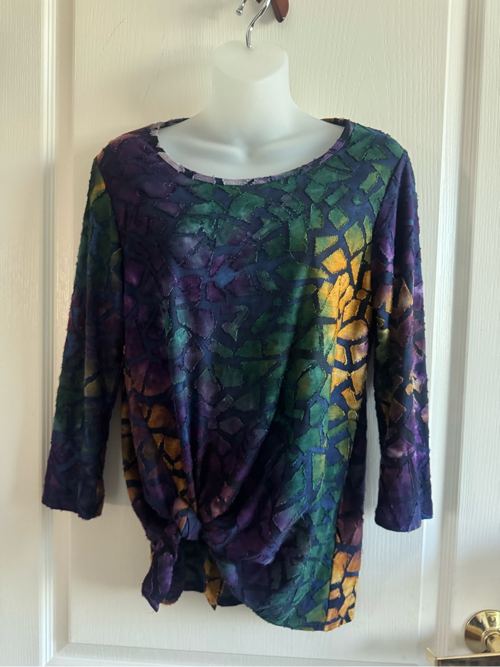 Karen Kane Purple Green Gold burnout knot-front  top - beautiful!